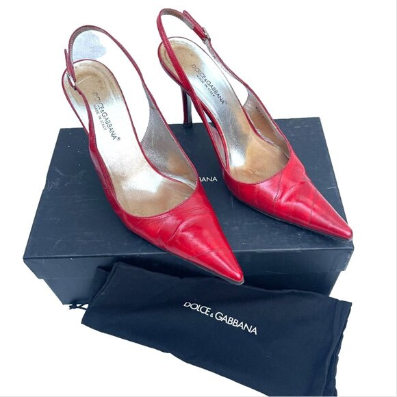 Auc Dolce & Gabbana Eel Skin Red Pointed Toe Slingback Heels IT 37,5 US 7,5 - Picture 4 of 13
